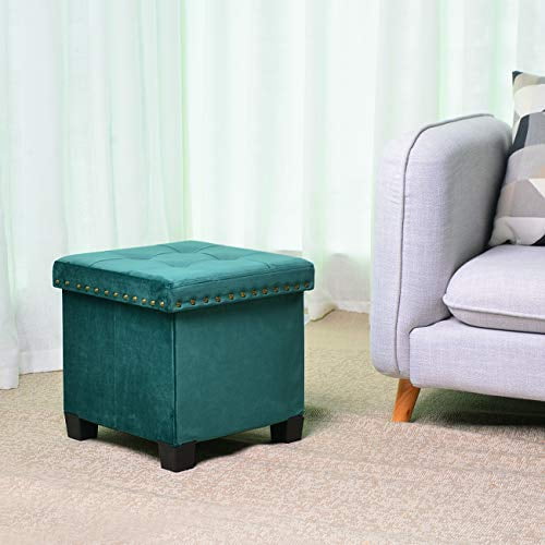 Green KINWELL 15inch Foldable Storage Ottoman with Tufted Wooden Lid Velvet Cube Footstool for Footrest and Rest Seat Green KINWELL 15inch Foldable Storage Ottoman with Tufted Wooden Lid Velvet Cube Footstool for Footrest and Rest Seat